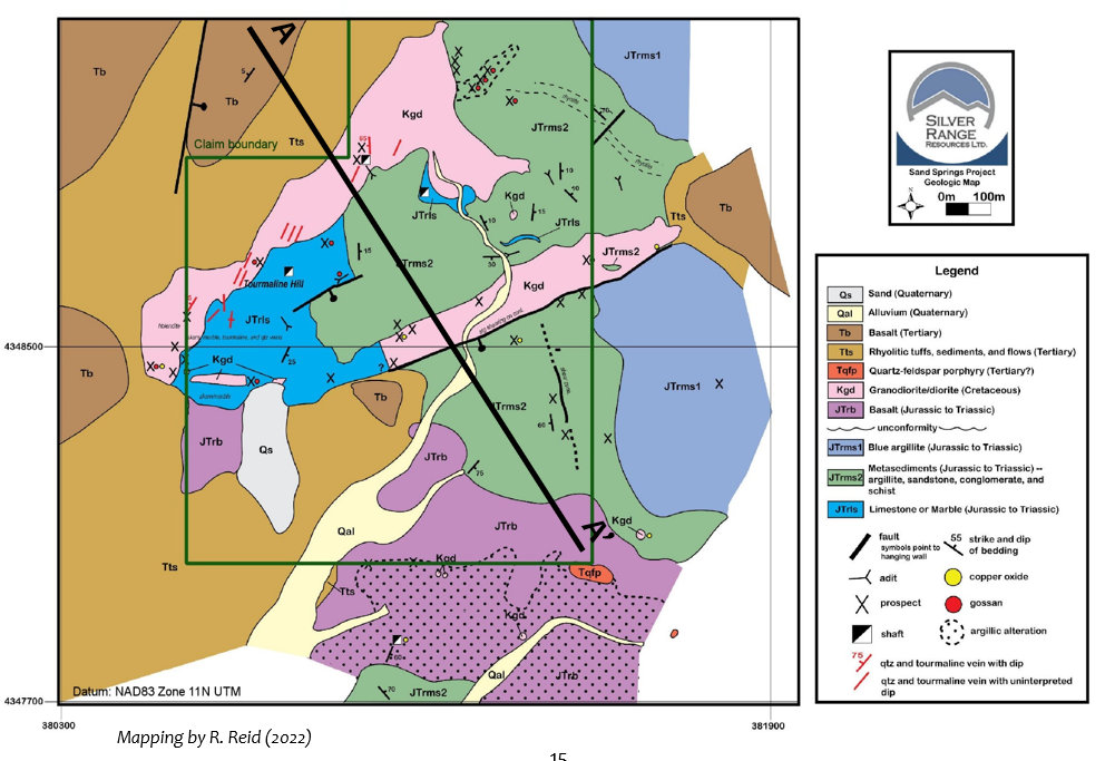 Silver Range's geological map of the Sand Springs property, with a detailed legend